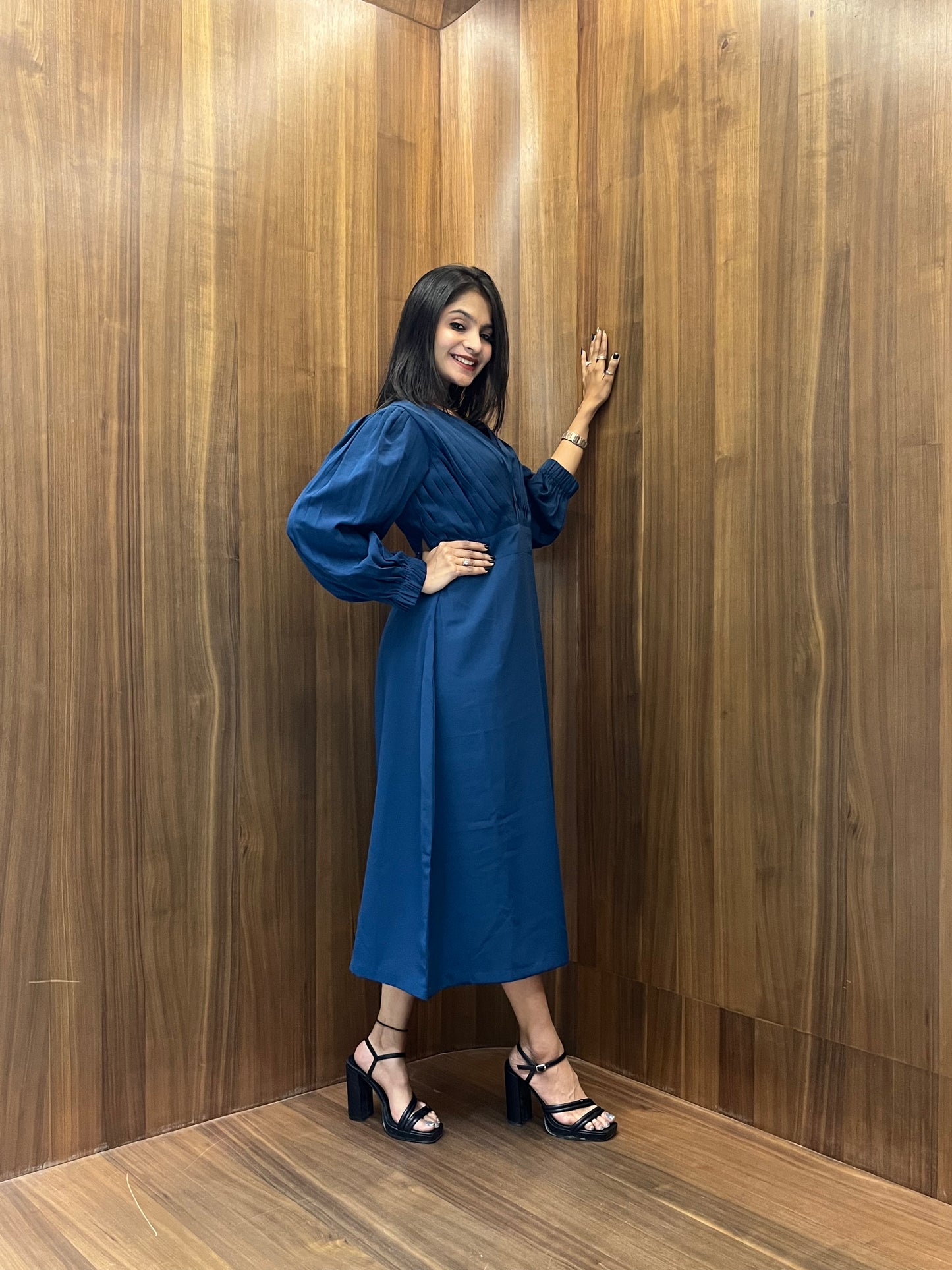 Pleated V-Neck Dress