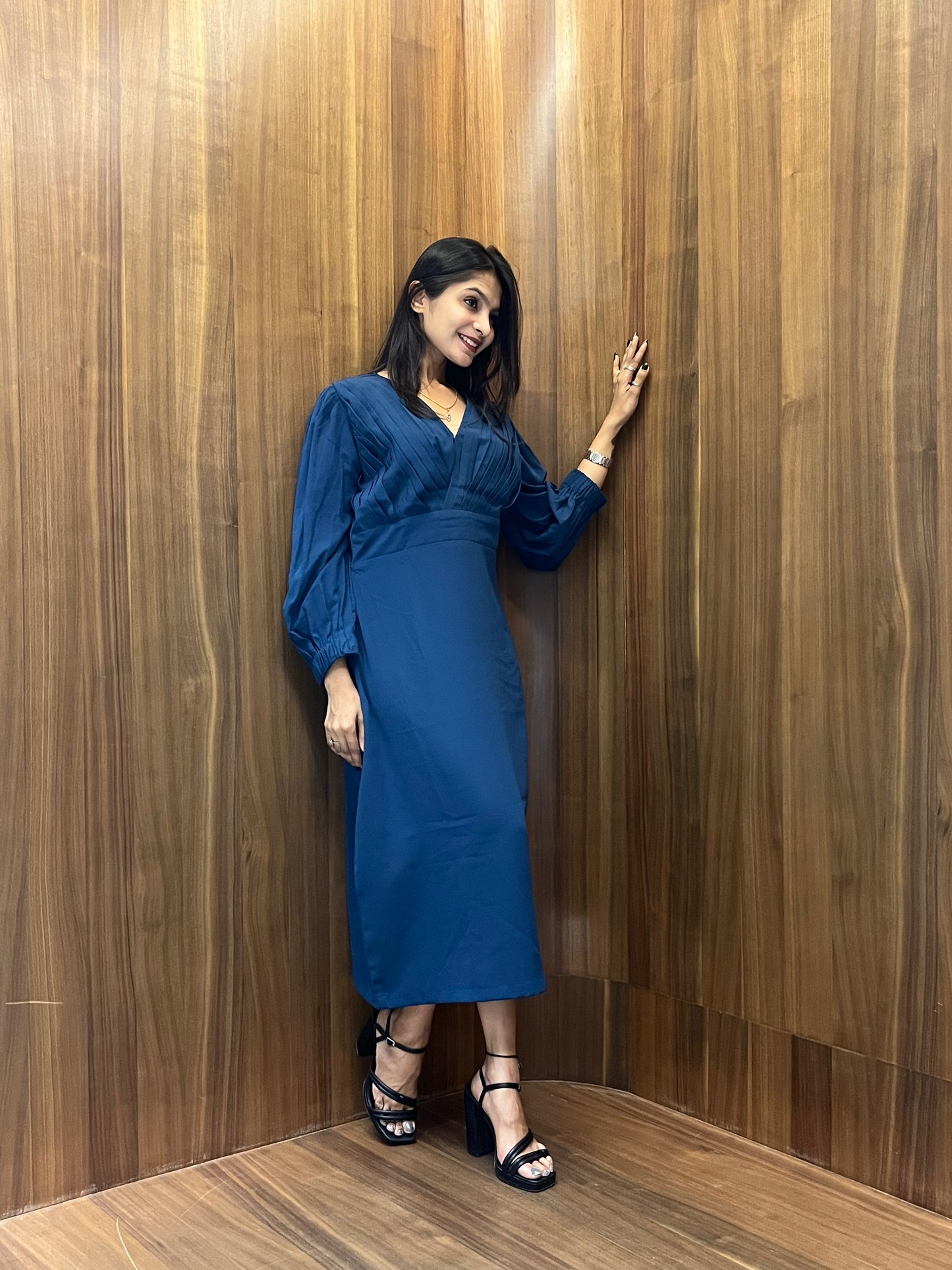 Pleated V-Neck Dress